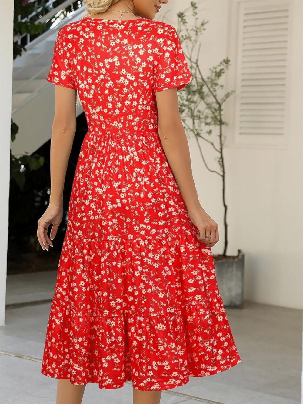Women's Red Floral Tiered Short Sleeve Belted Pocket Ruffle Midi Maxi Dress - Picture 5 of 6